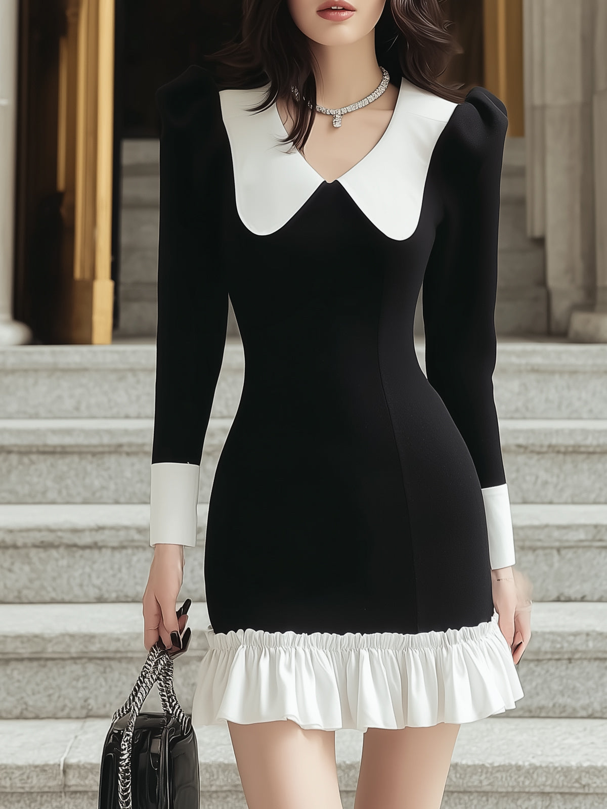 Black And White Dress With Peter Pan Collar And Ruffled Hem
