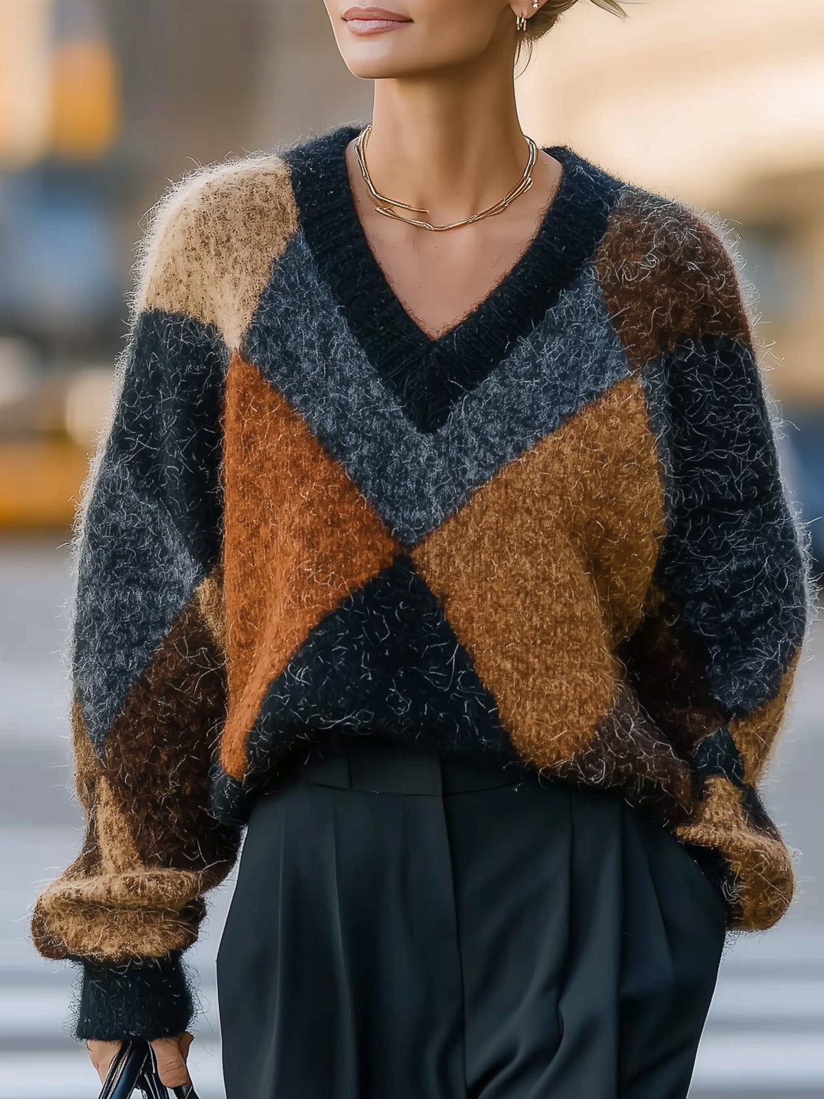 Vintage Argyle Mohair V-Neck Sweater