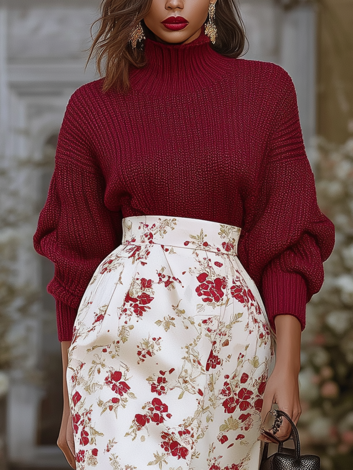 Burgundy Turtleneck Puff Sleeve Sweater