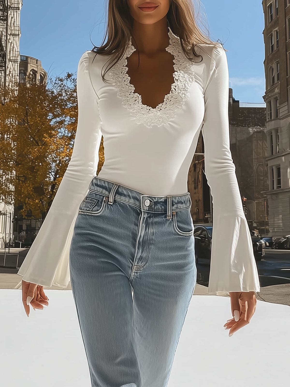 White Lace Trim V Neck Bell Sleeve Top