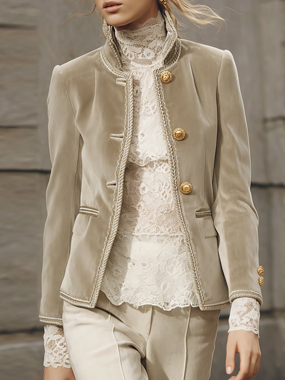 Light Beige Velvet Stand Collar Jacket