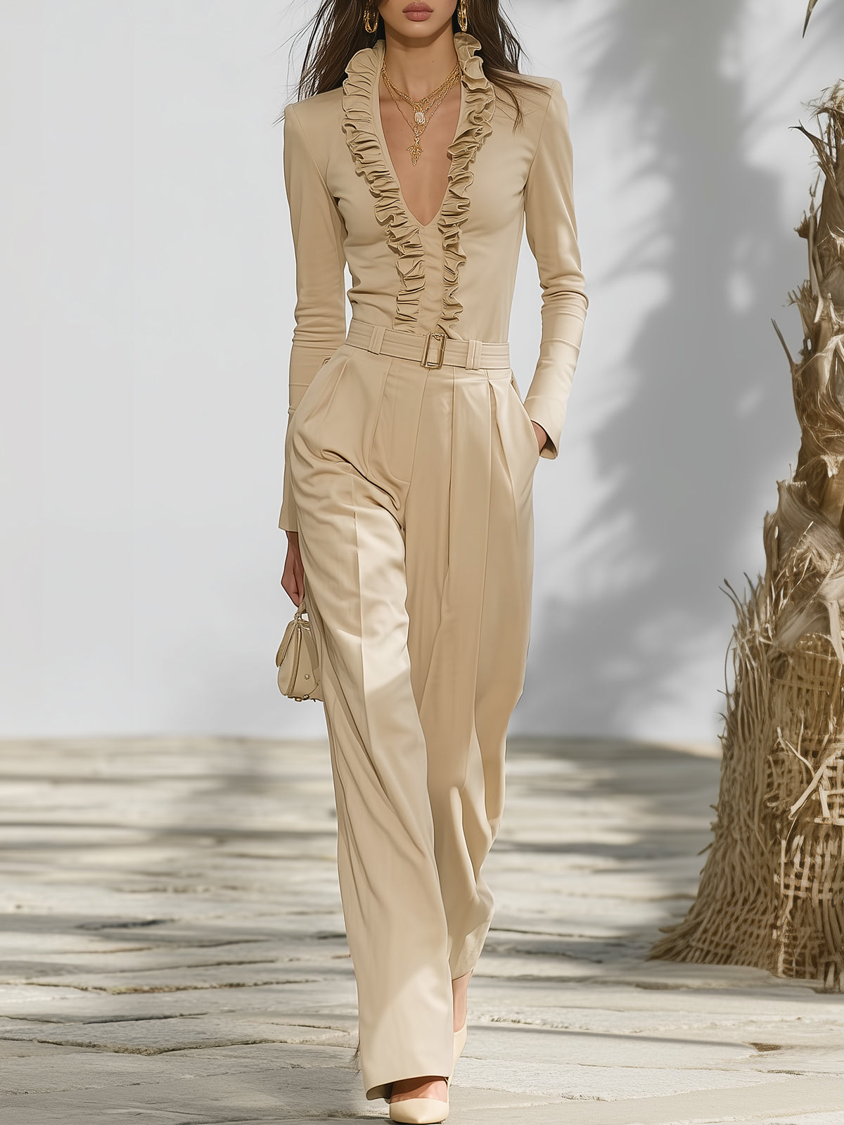 Beige Ruffled Collar Long Sleeve Top And Wide Leg Pants Set