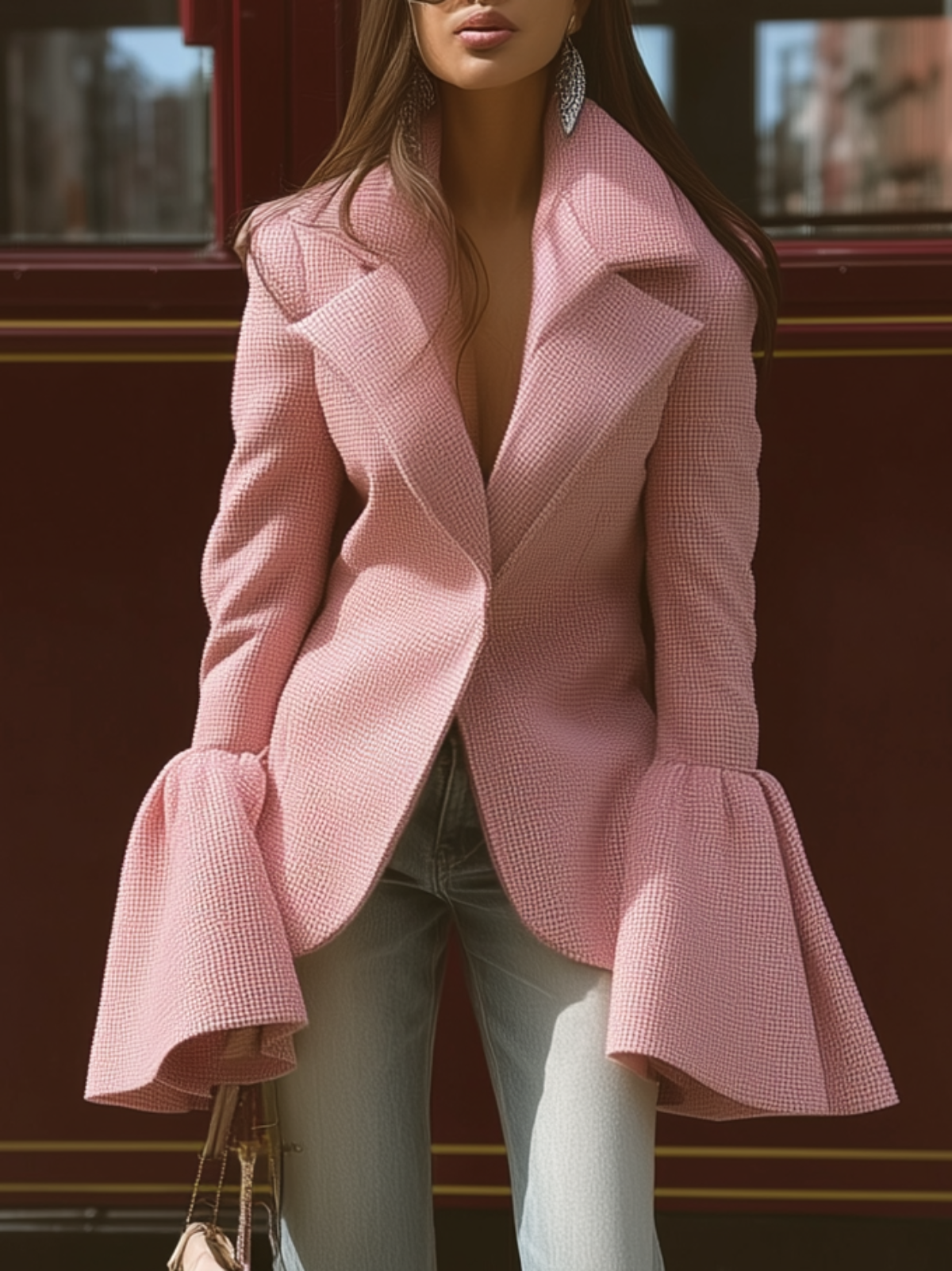 Pink Textured Coat With Flared Cuffs