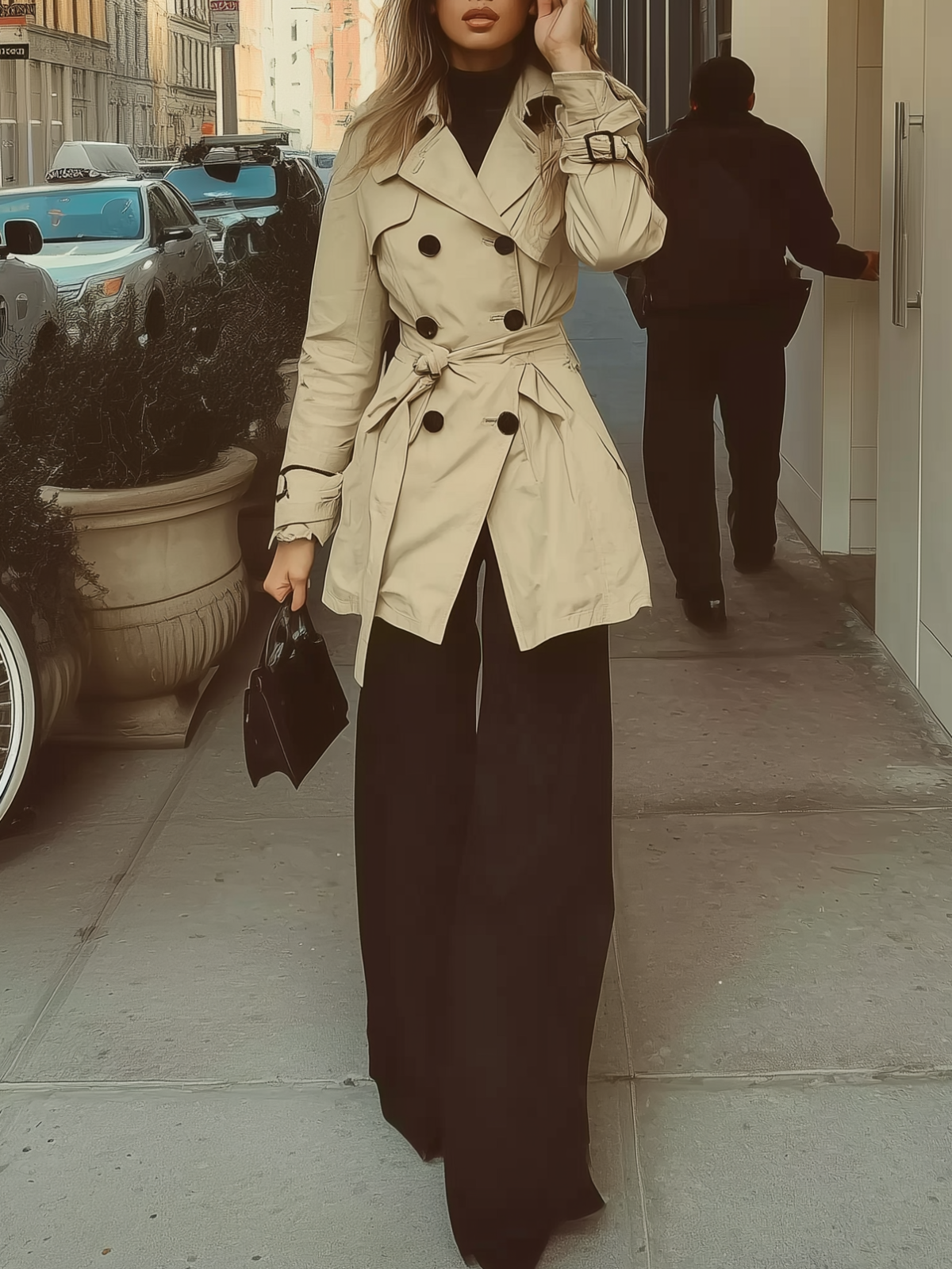 Beige Trench Coat With Wide - Leg Pants