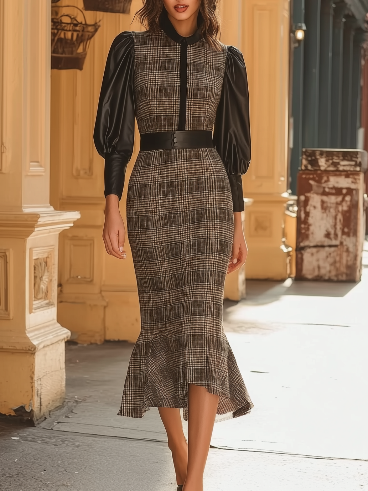 Plaid Midi Dress With Leather Puff Sleeves