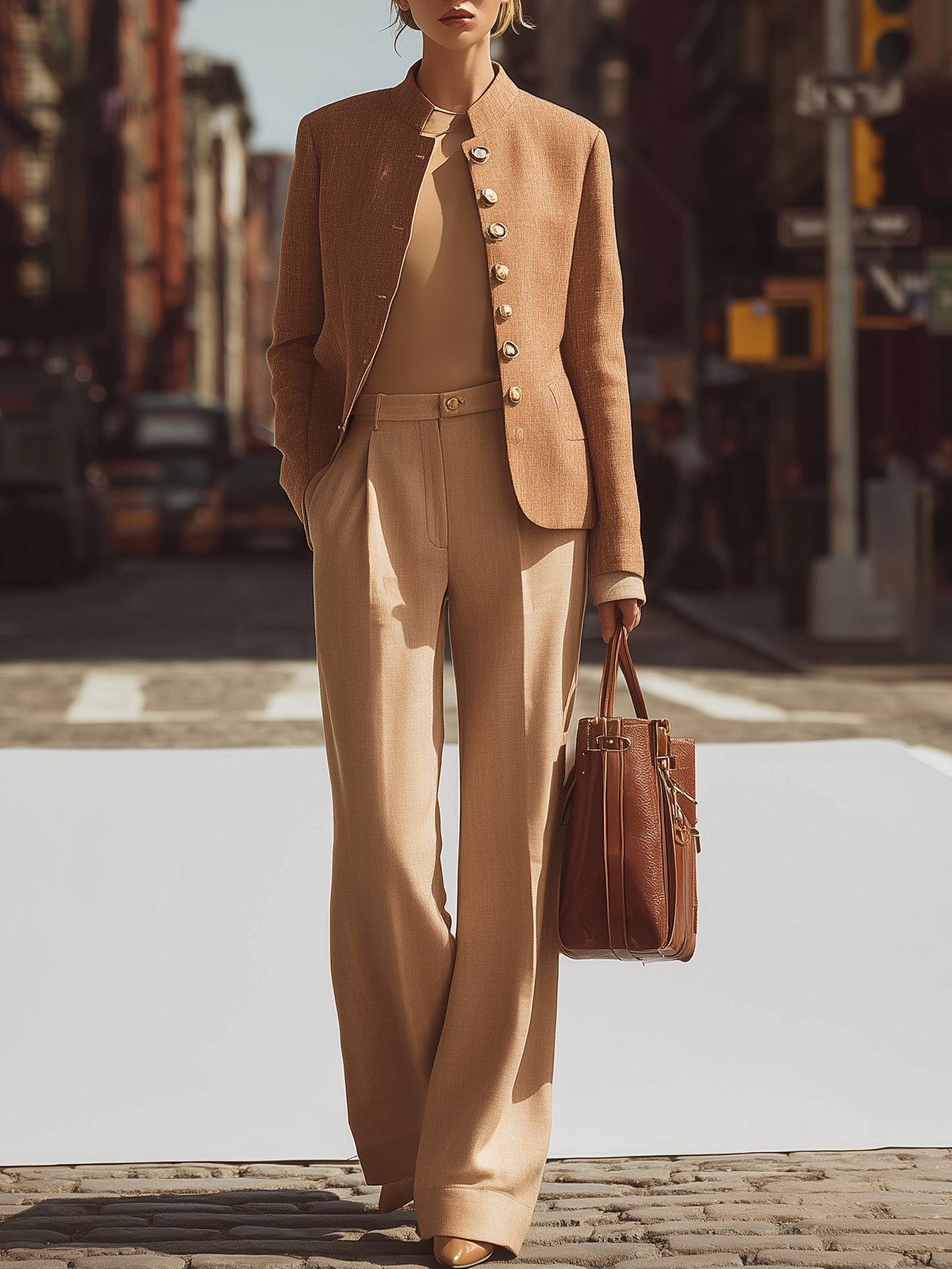 Camel Blazer And Wide - Leg Pants Set