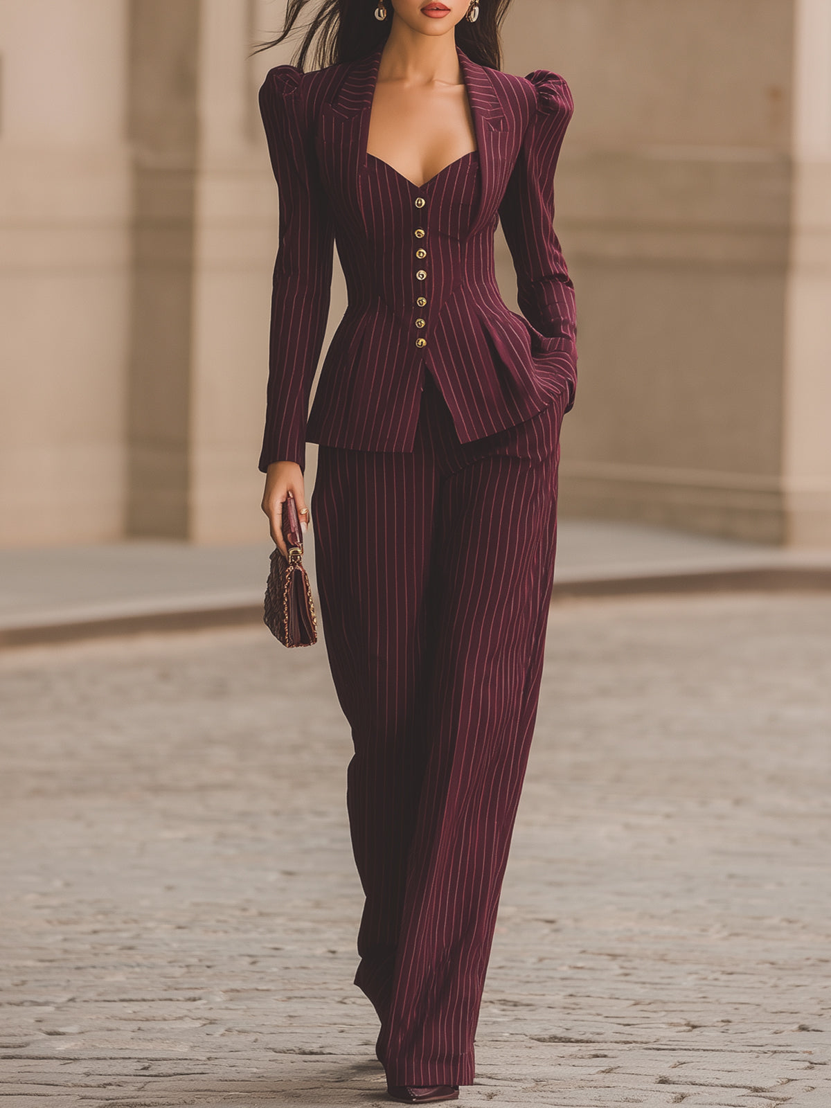 Burgundy Pinstriped Puff Sleeve Suit