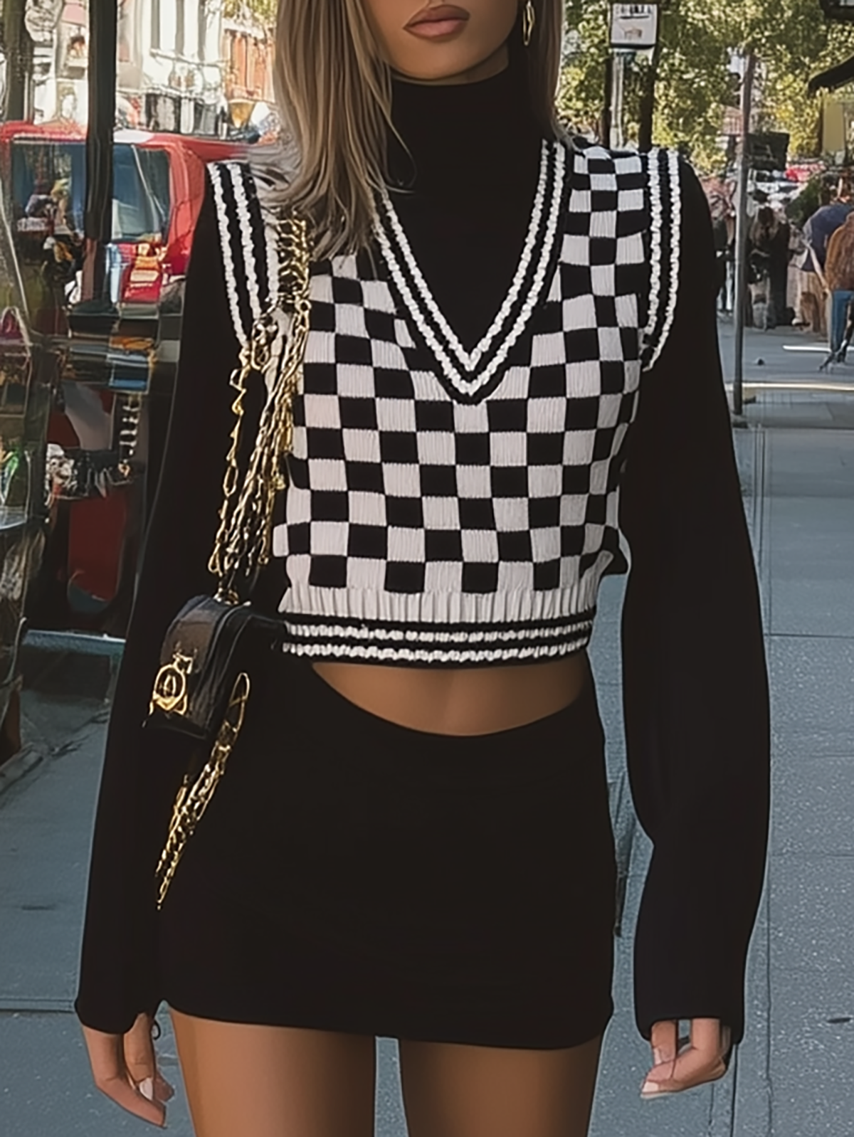 Black And White Checkered Faux Two - Piece Top