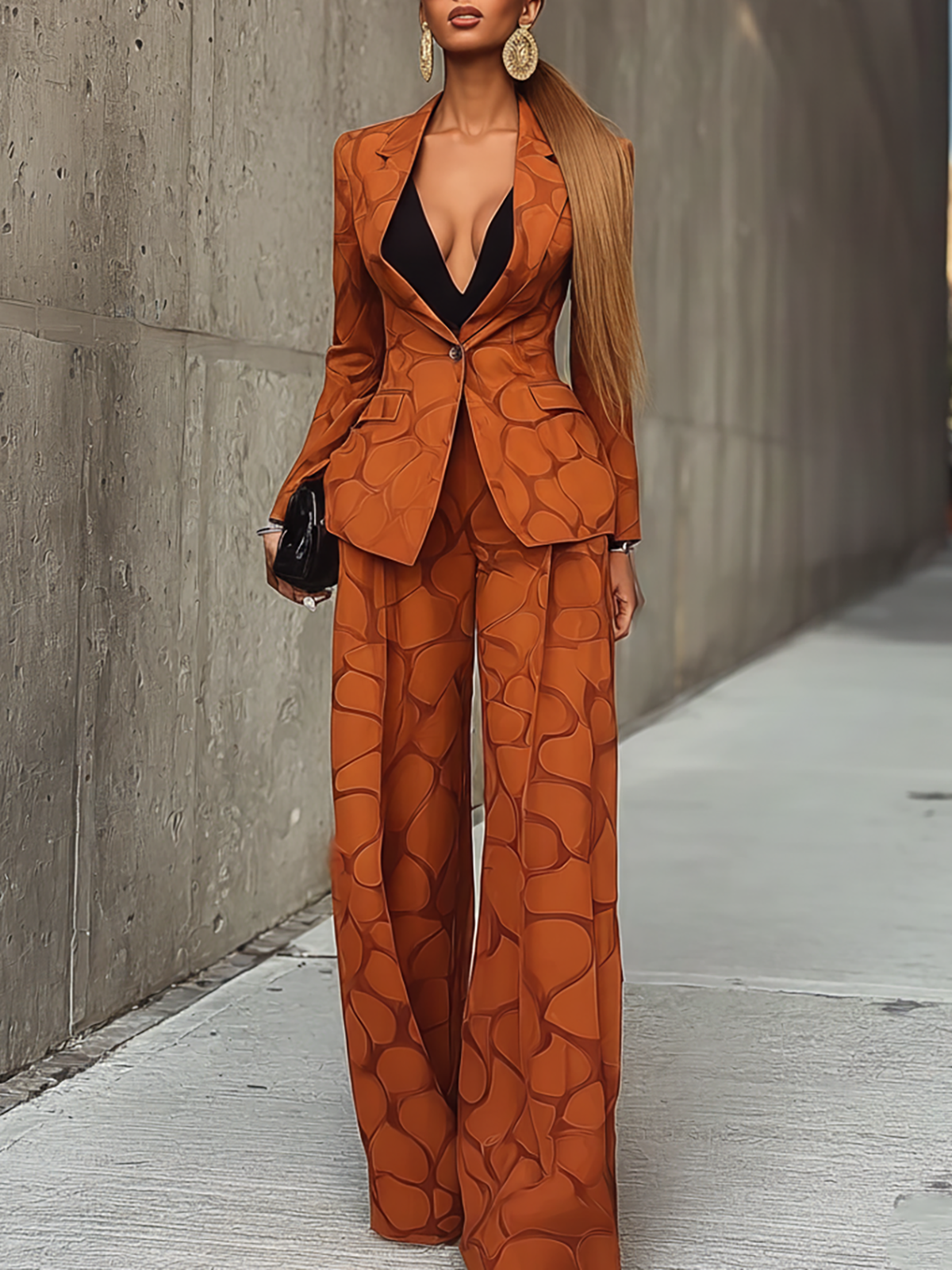 Chic Rust Colored Suit With Abstract Print