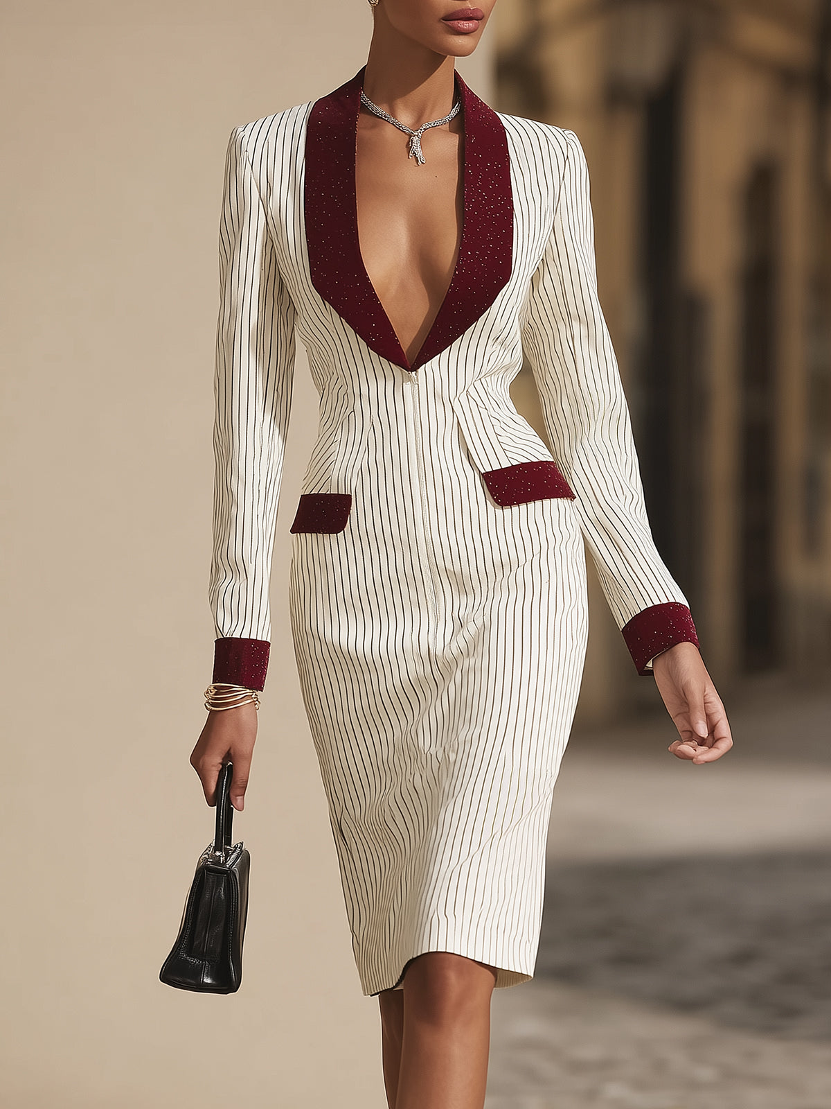 Elegant Cream Pinstripe Dress With Red Trim