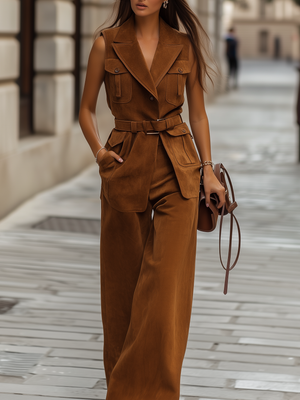 Unique Suede Belted Vest Ensemble