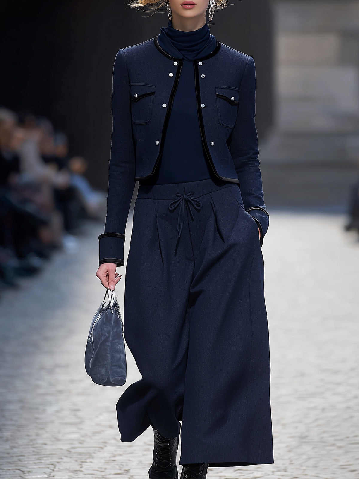 Elegant Navy Blue Jacket And Cropped Trousers