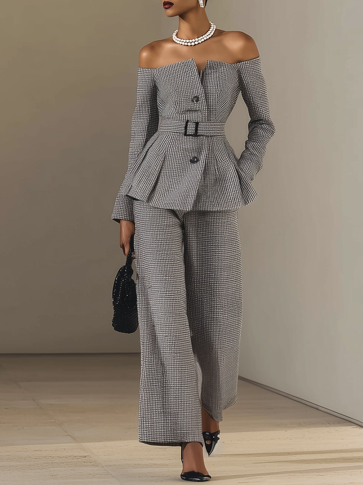 Plaid Off-shoulder Suit