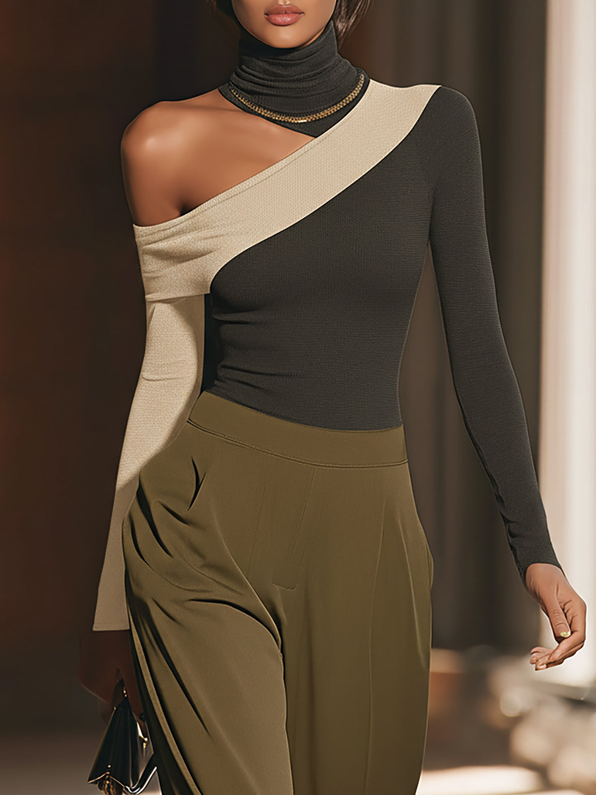 Beige And Grey Color Block Off Shoulder Knit Top