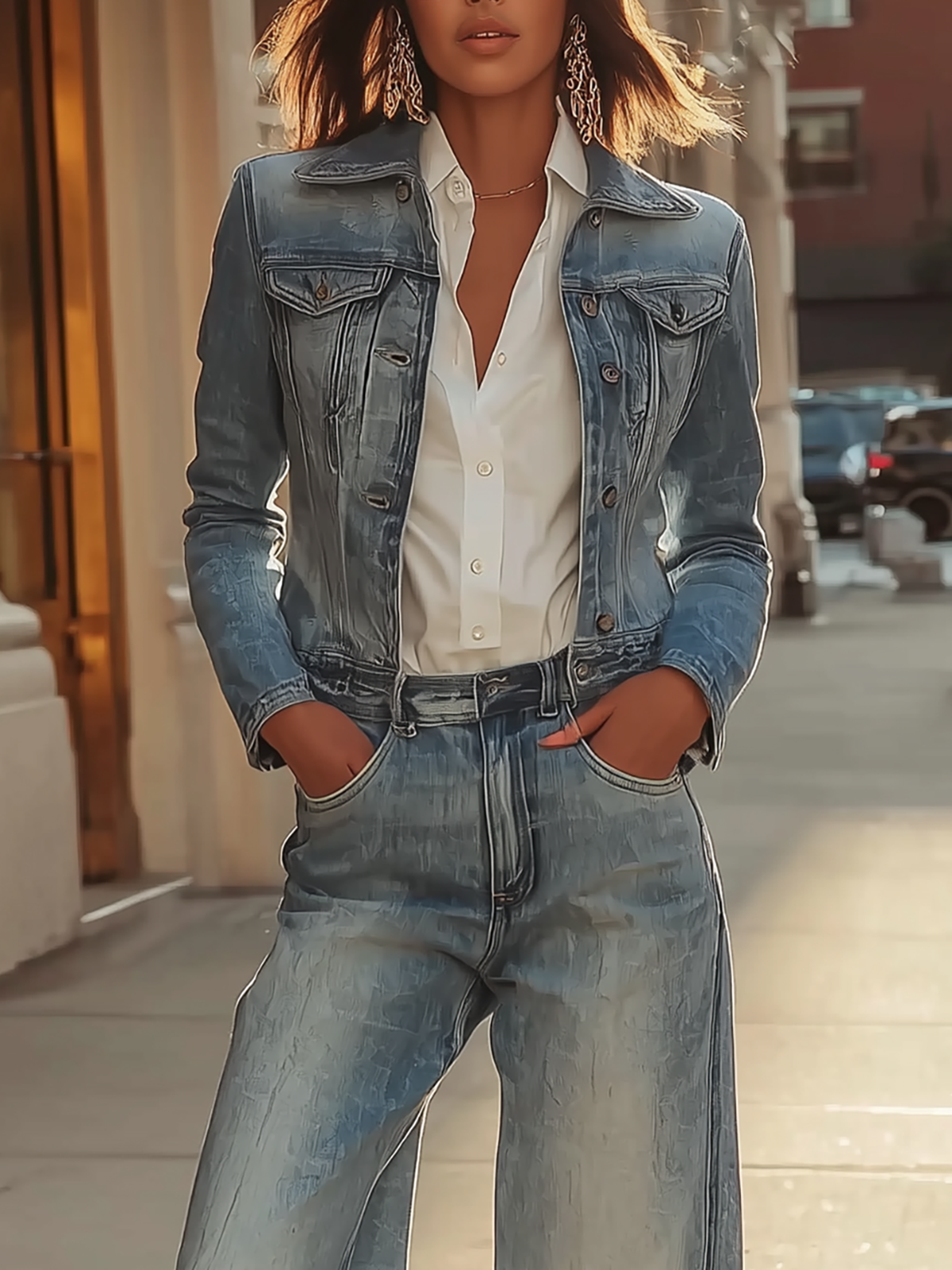 Light Blue Denim Jacket With Classic Collar And Distressed Detail