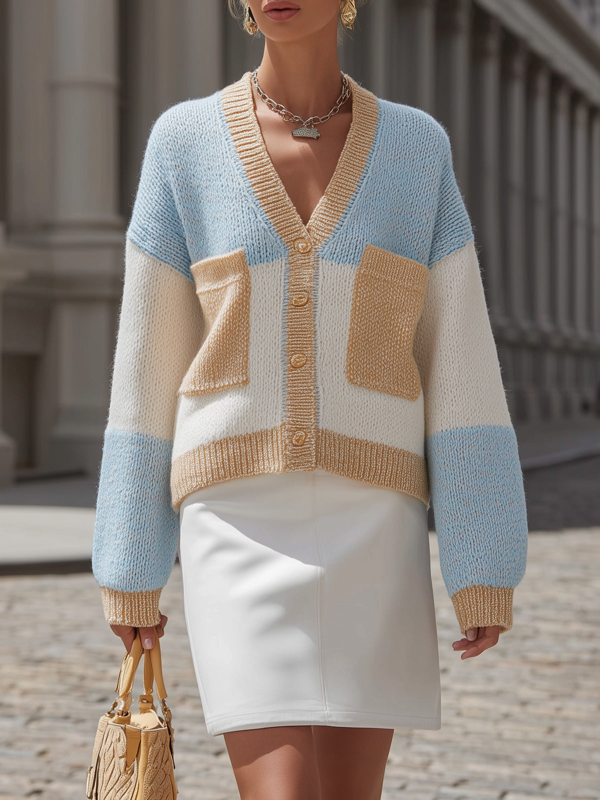 Colorblock Knitted Cardigan And White Skirt Set
