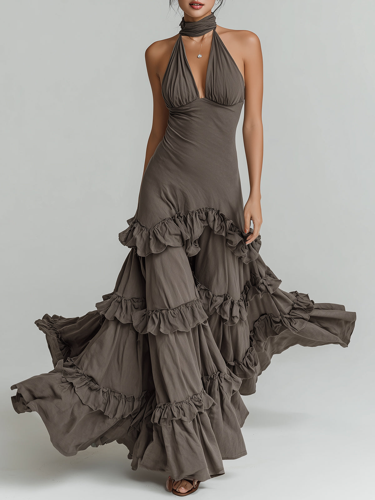 Bohemian Style Halter Neck Ruffled Maxi Dress