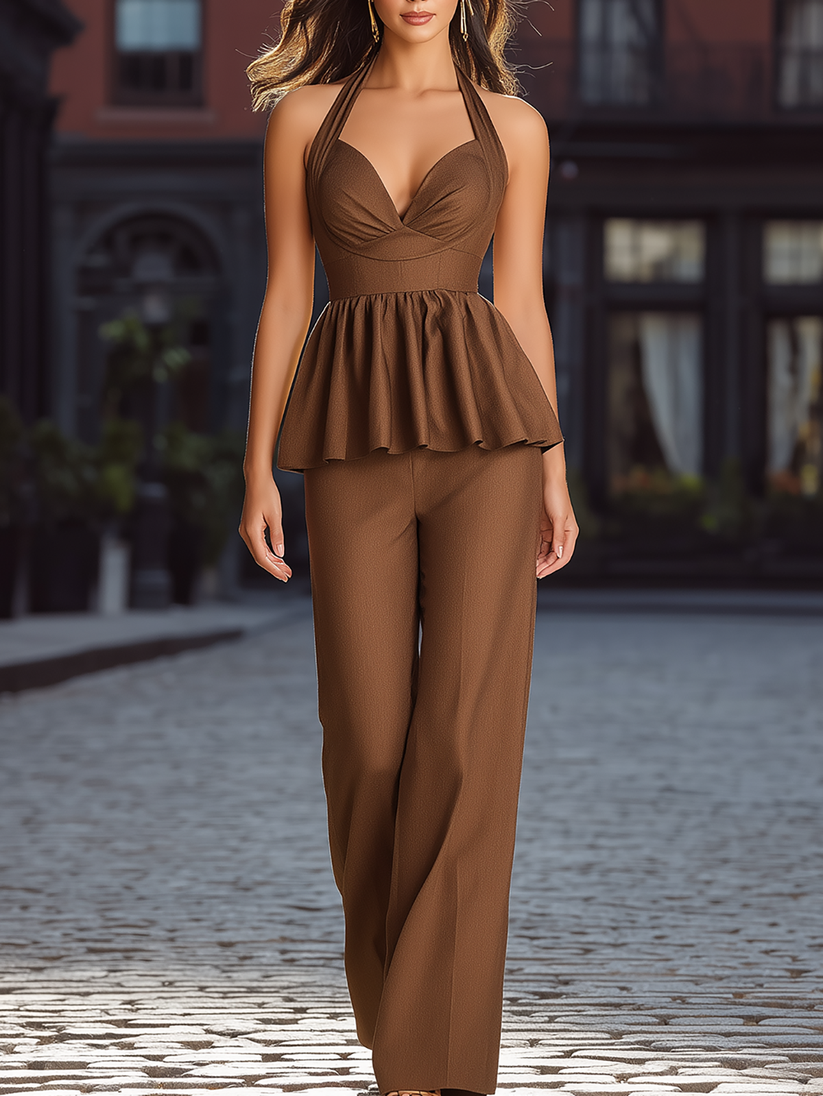 Brown Halter Peplum Top And Wide Leg Pants Set