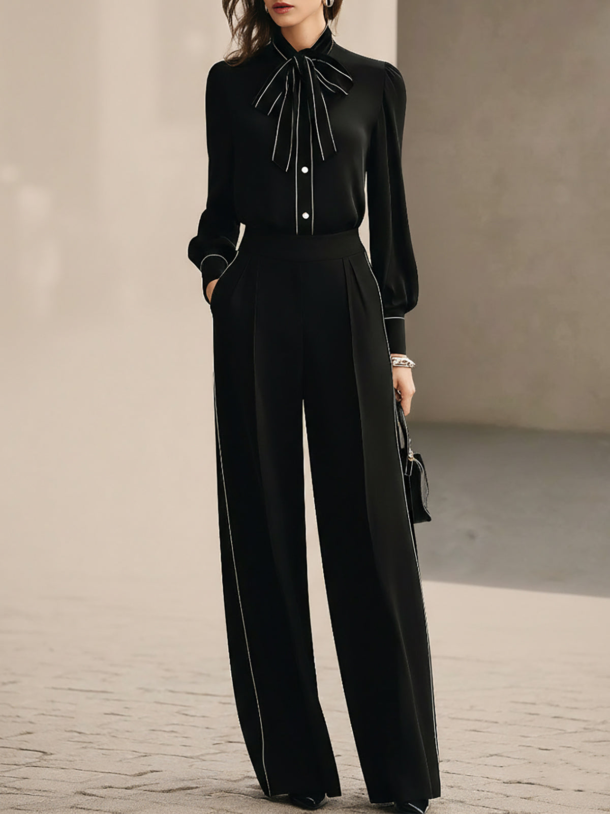Black Shirt And Wide Leg Pants Set With White Piping