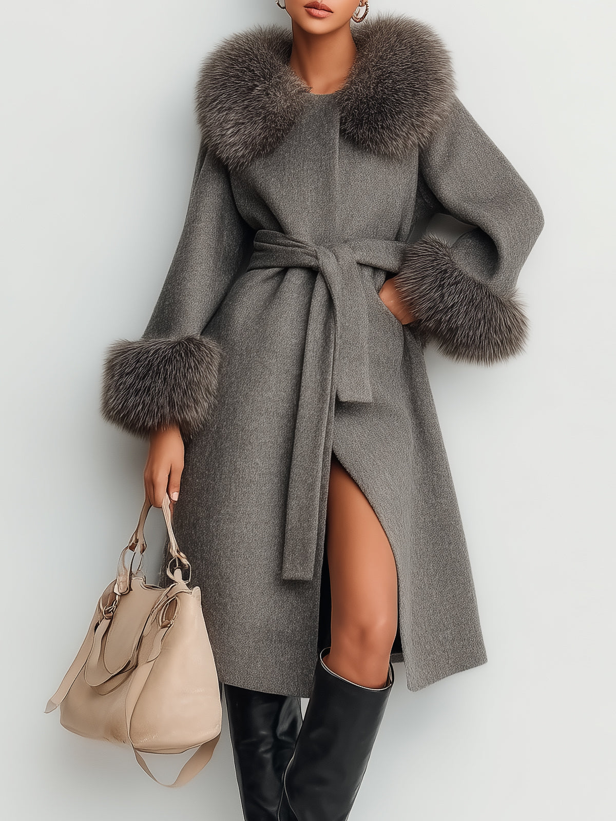 Gray Plush Patchwork Wool Coat