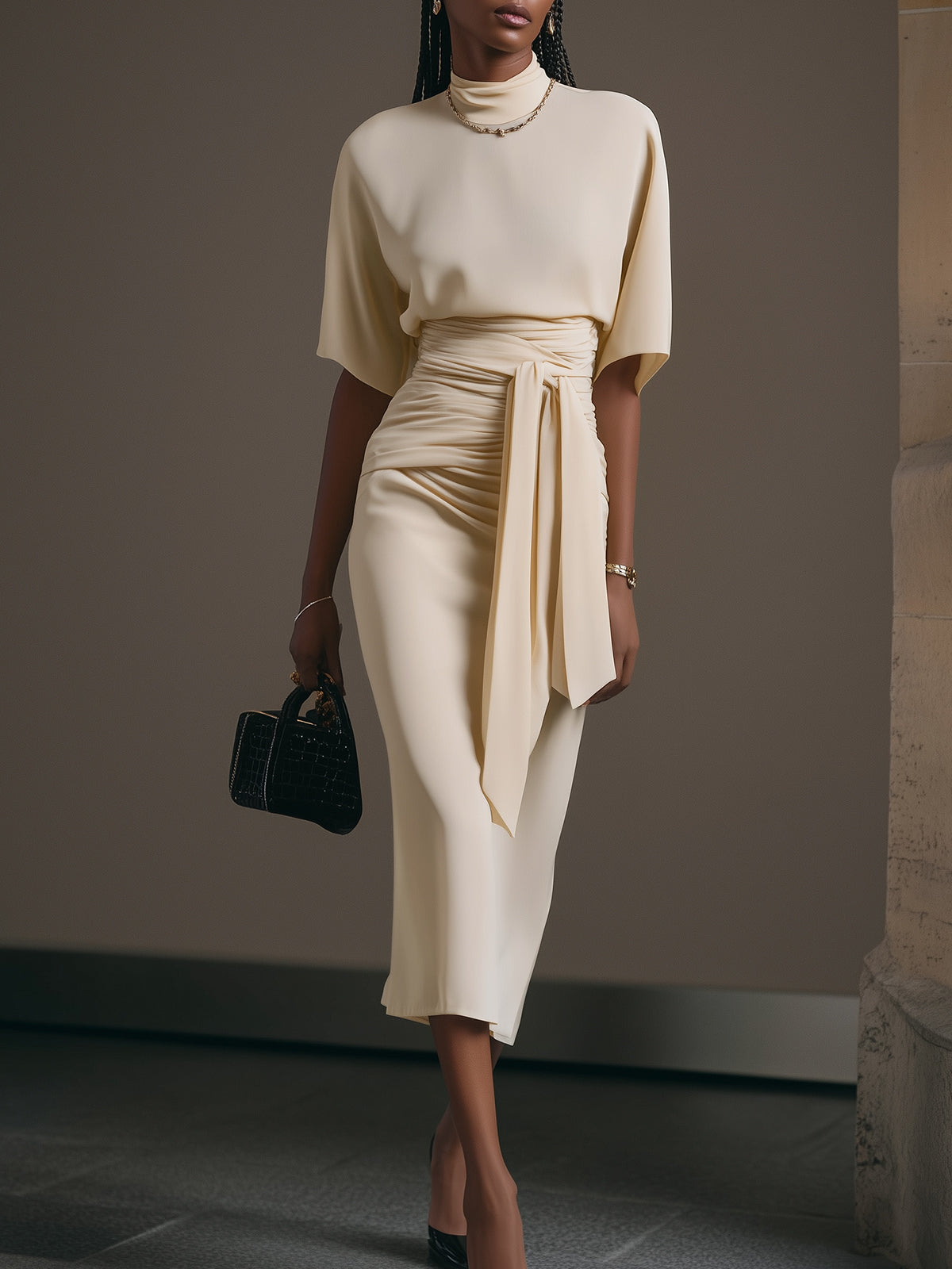 Beige Mock-Neck Tie-Waist Midi Dress