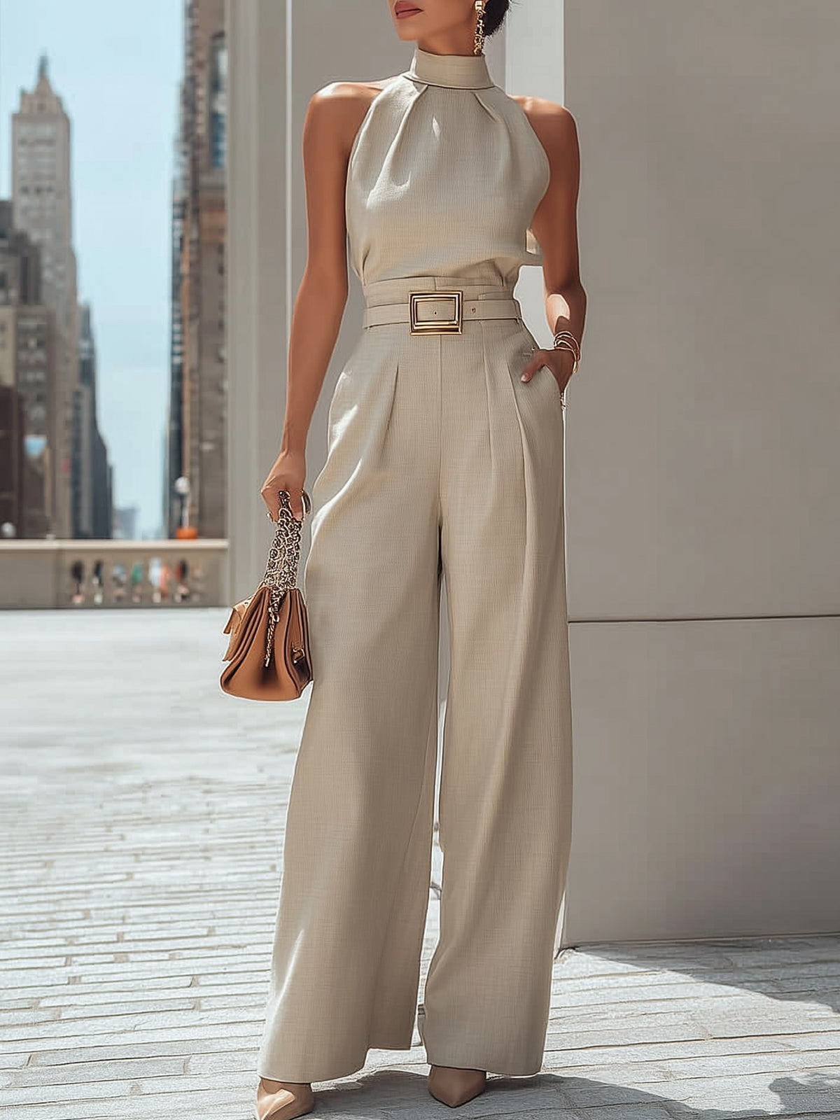 Pleated Vest Straight Wide-leg Pants Suit