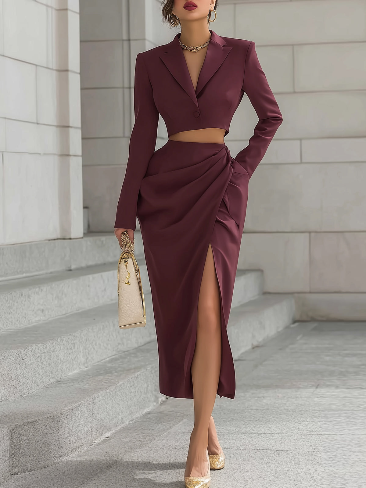 Burgundy Short Suit Jacket With Pleated Slit Skirt Suit