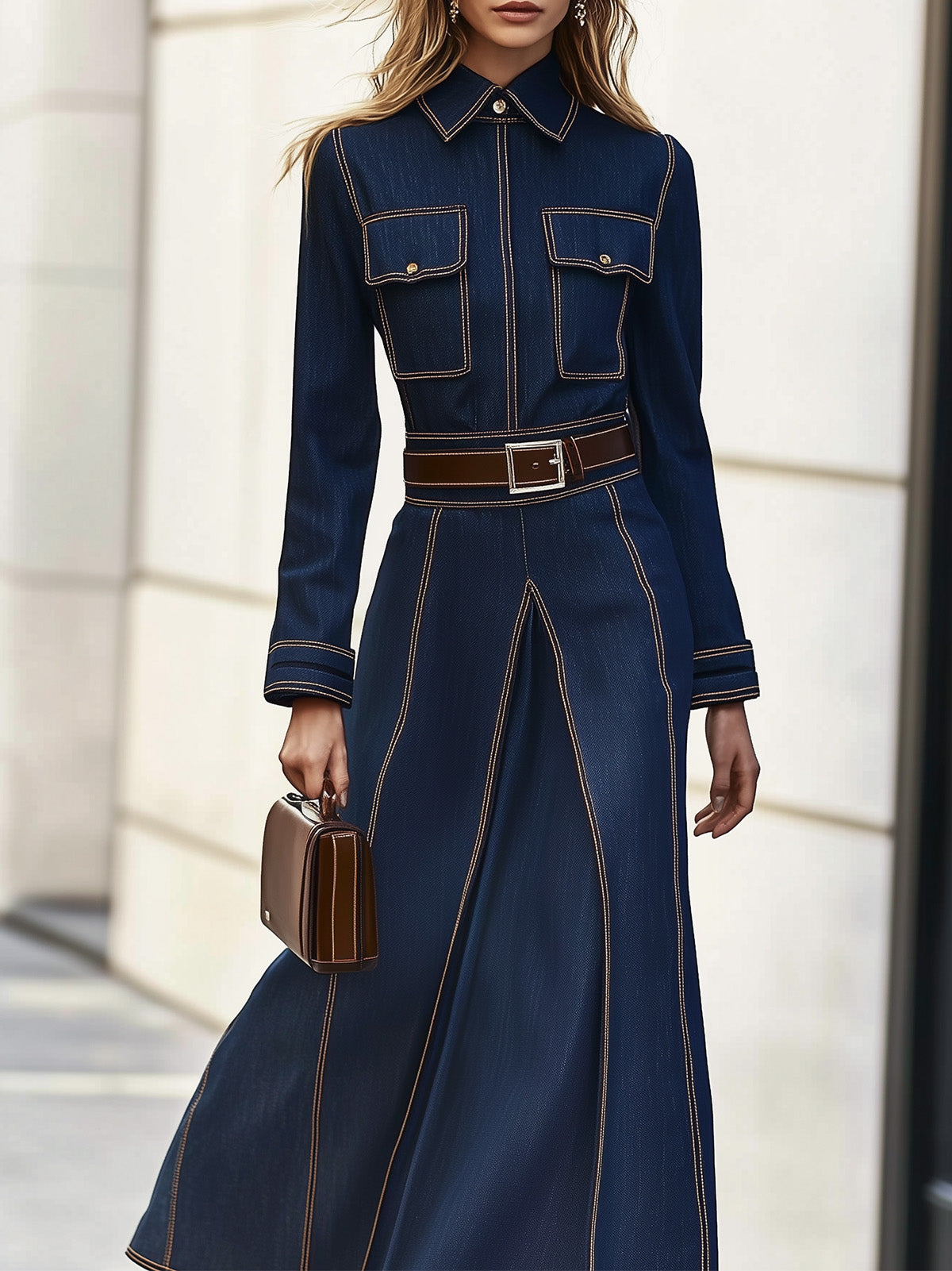 Navy Denim Long Dress With Brown Belt