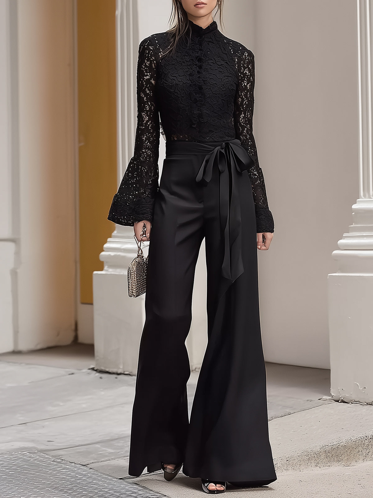 Black Lace Bell-sleeved Top And Satin Wide-leg Pants Set
