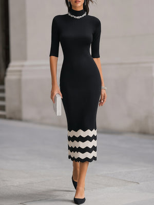 Elegant Black Knit Midi Dress With White Wave Hem