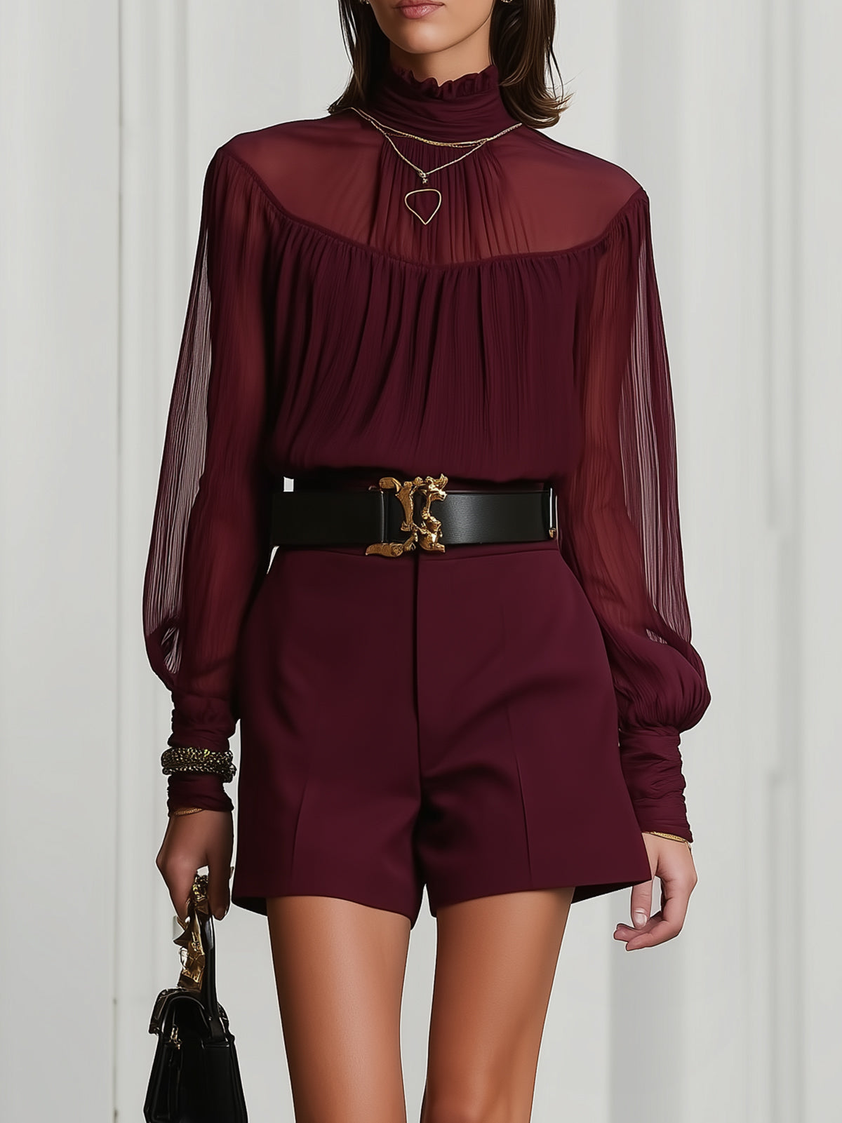 Burgundy Chiffon Blouse Shorts Set Without Bele
