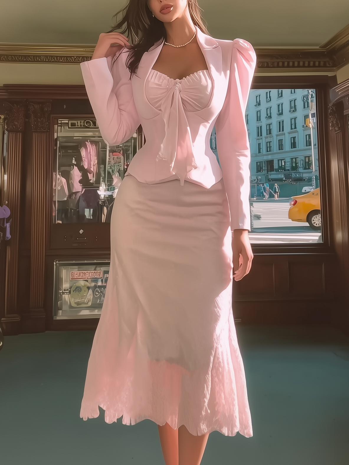 Pink Suit With Bow Accent Bustier And Flared Skirt