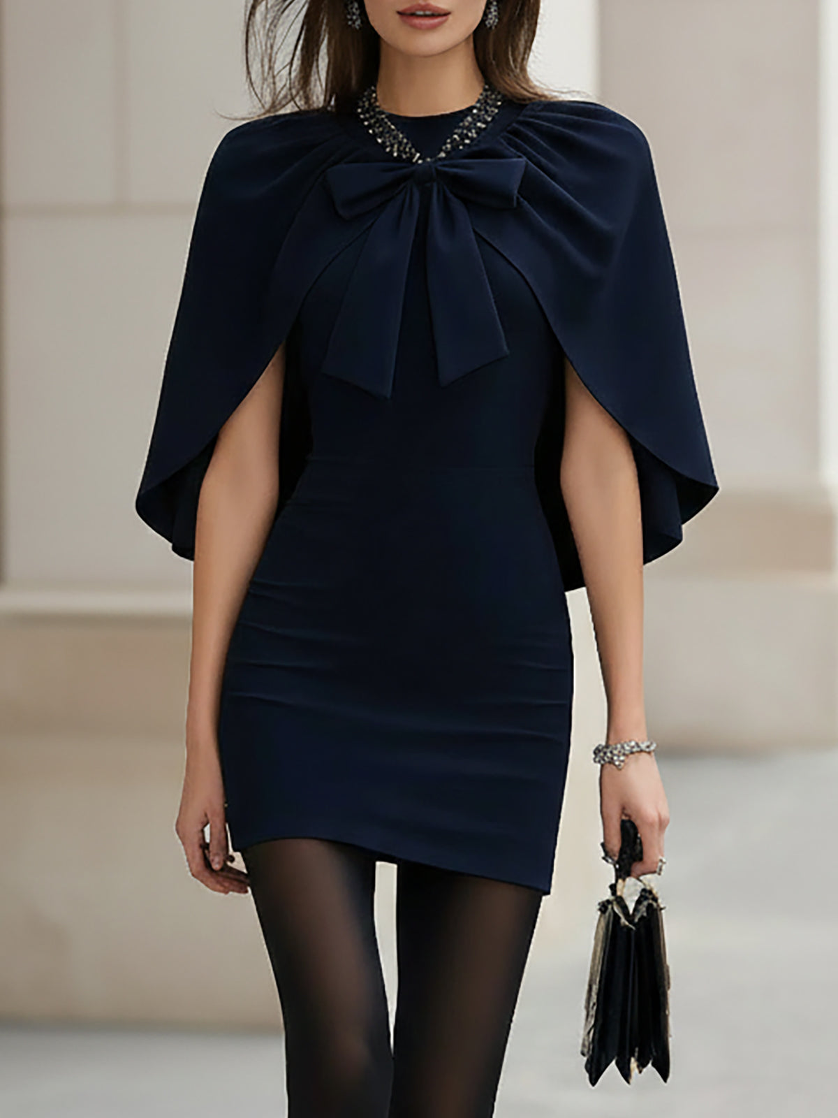 Navy Cape Sheath Dress