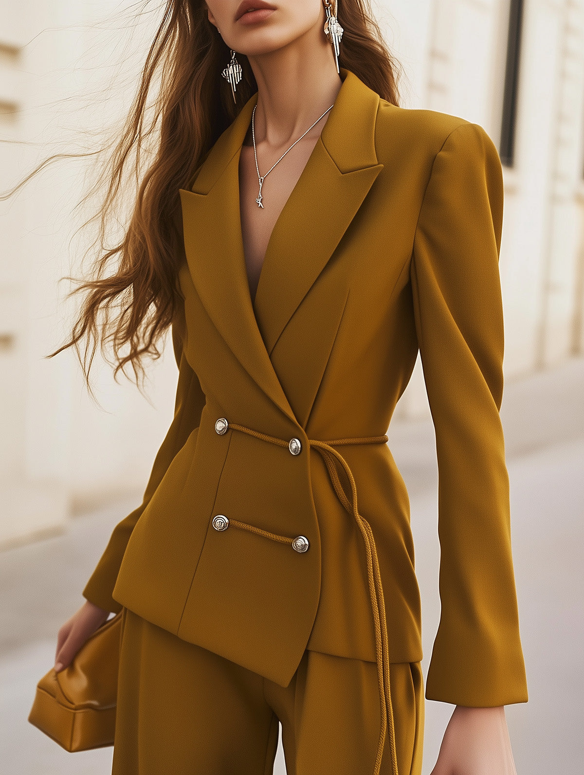 Mustard Yellow Blazer With Waist Drawstring