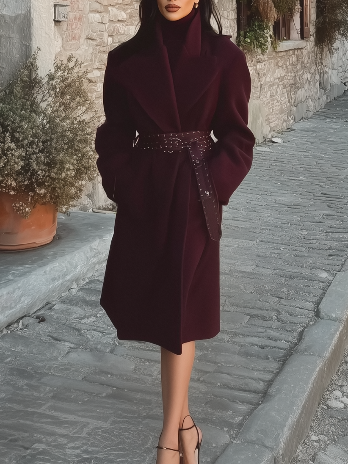 Burgundy Long Coat With Embellished Belt