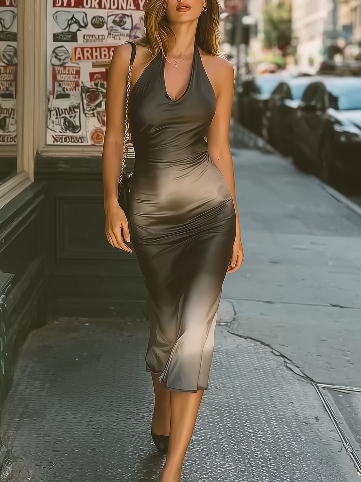 Gradient Halter Neck Satin Midi Dress