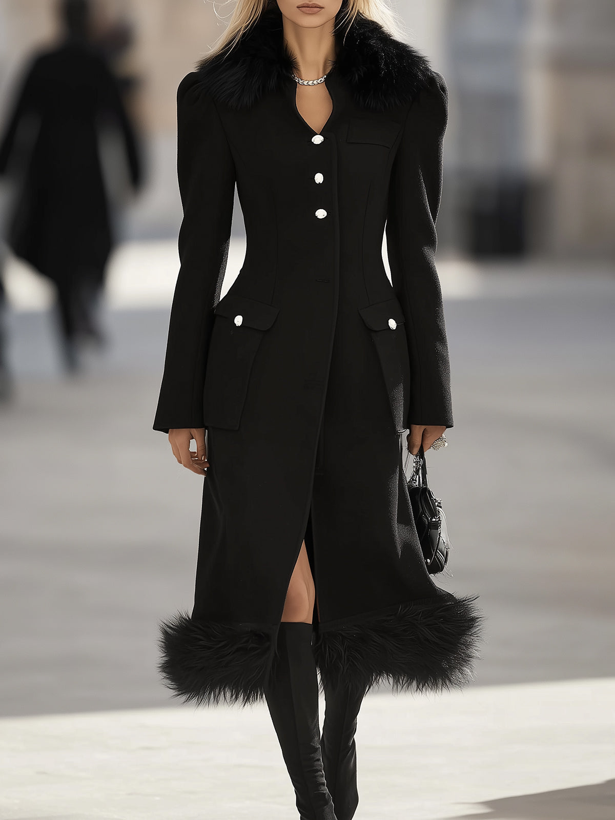 Black Coat With Furry Neckline Trim