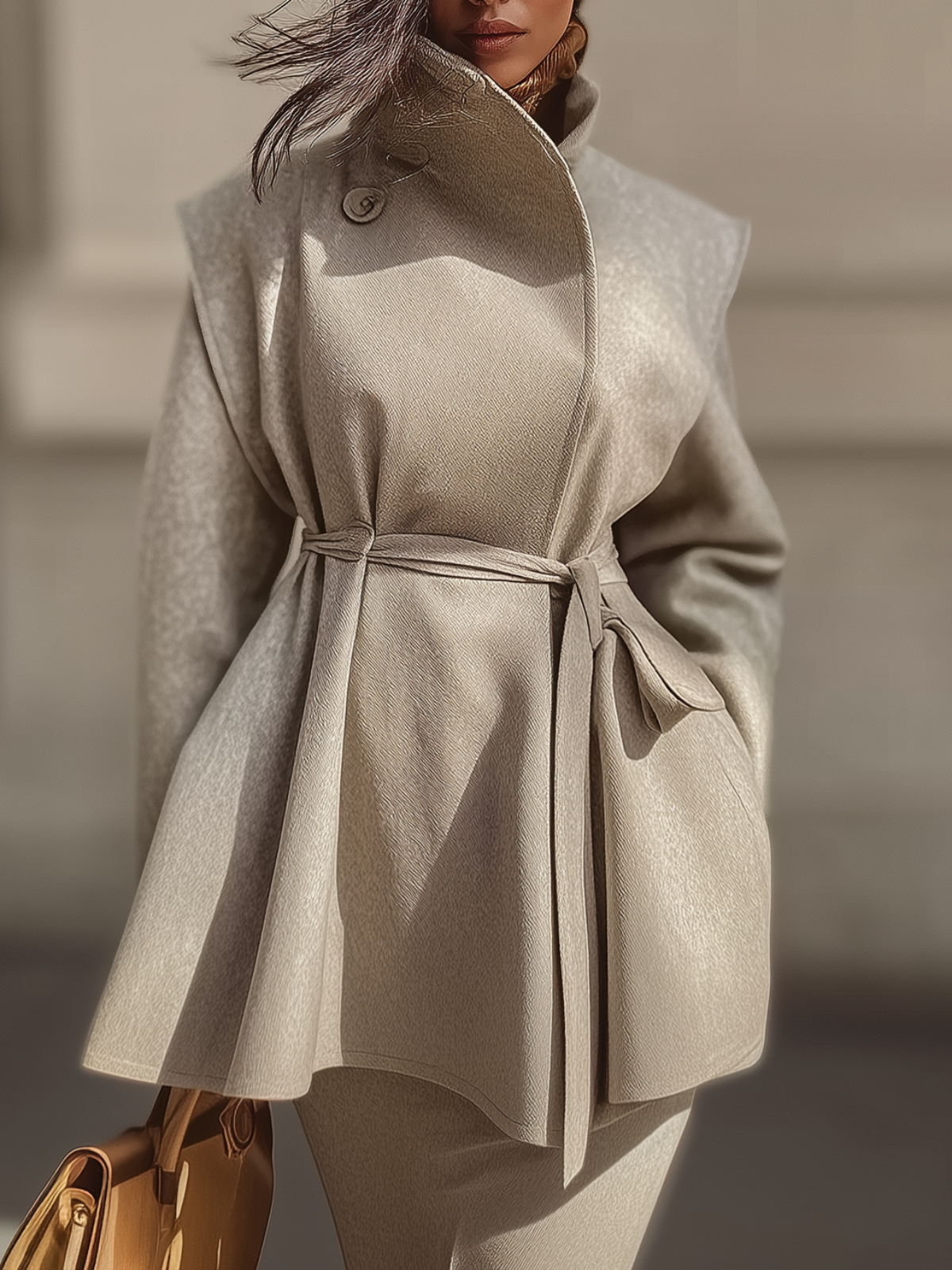 Beige Belted Peplum Coat