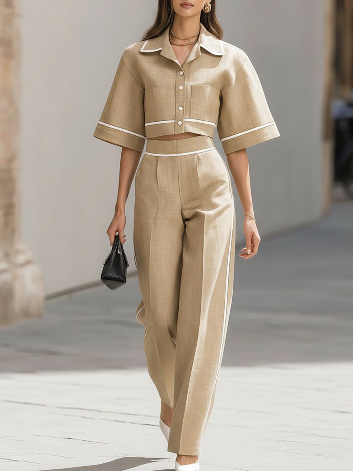 Beige Short Sleeve Pants Set With White Piping