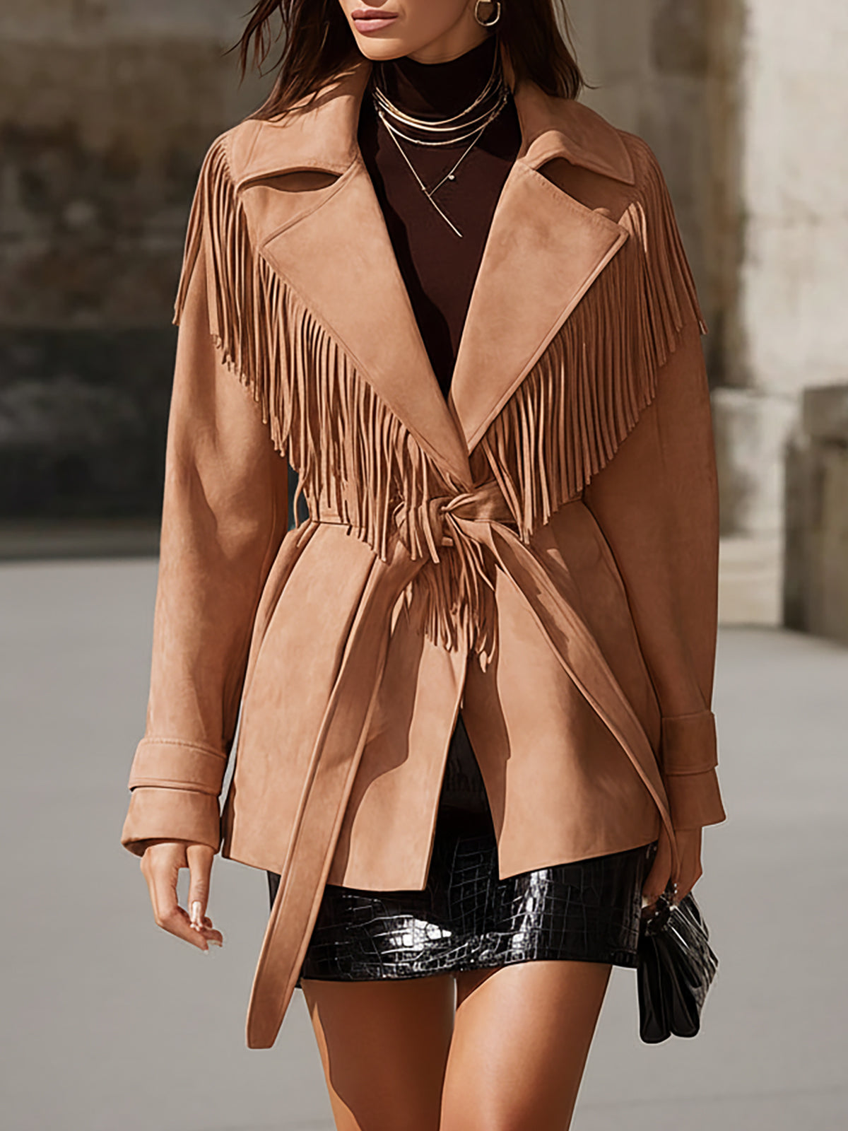Fringed Light Brown Faux Suede Coat