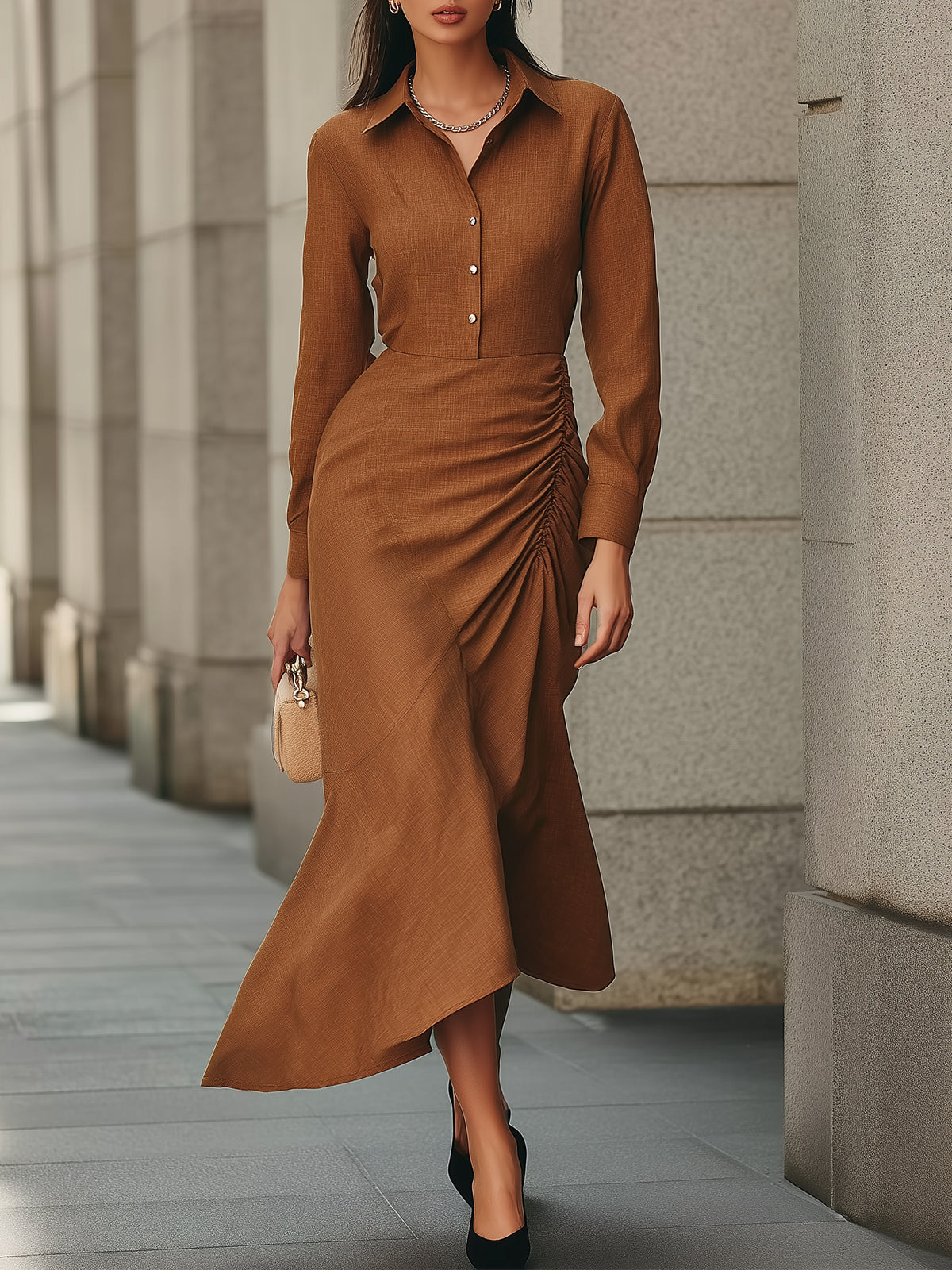 Elegant Caramel Brown Linen-Blend Side Ruched Dress