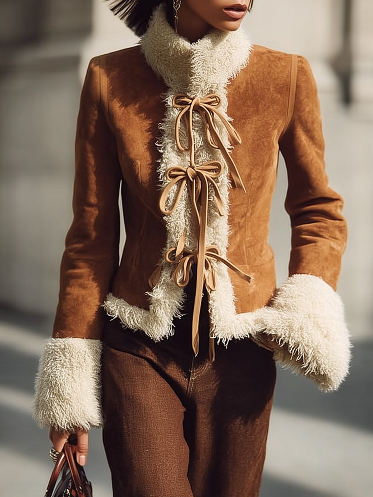 Chic Faux Fur Trimmed Tan Suede Jacket