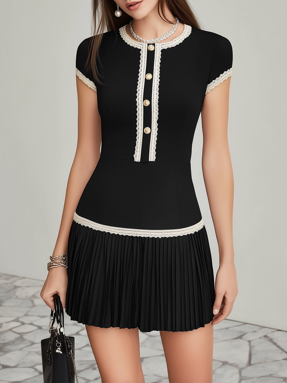 Chic Black Mini Dress With White Lace Trim