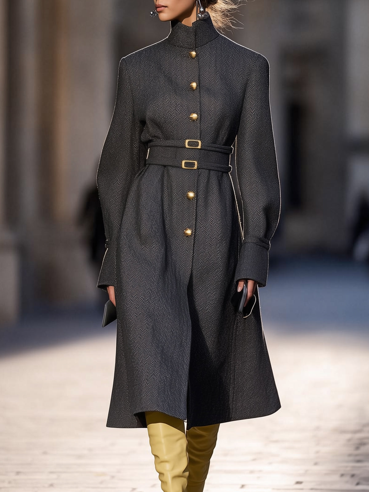 Dark Grey Herringbone Turtleneck Mid Length Coat