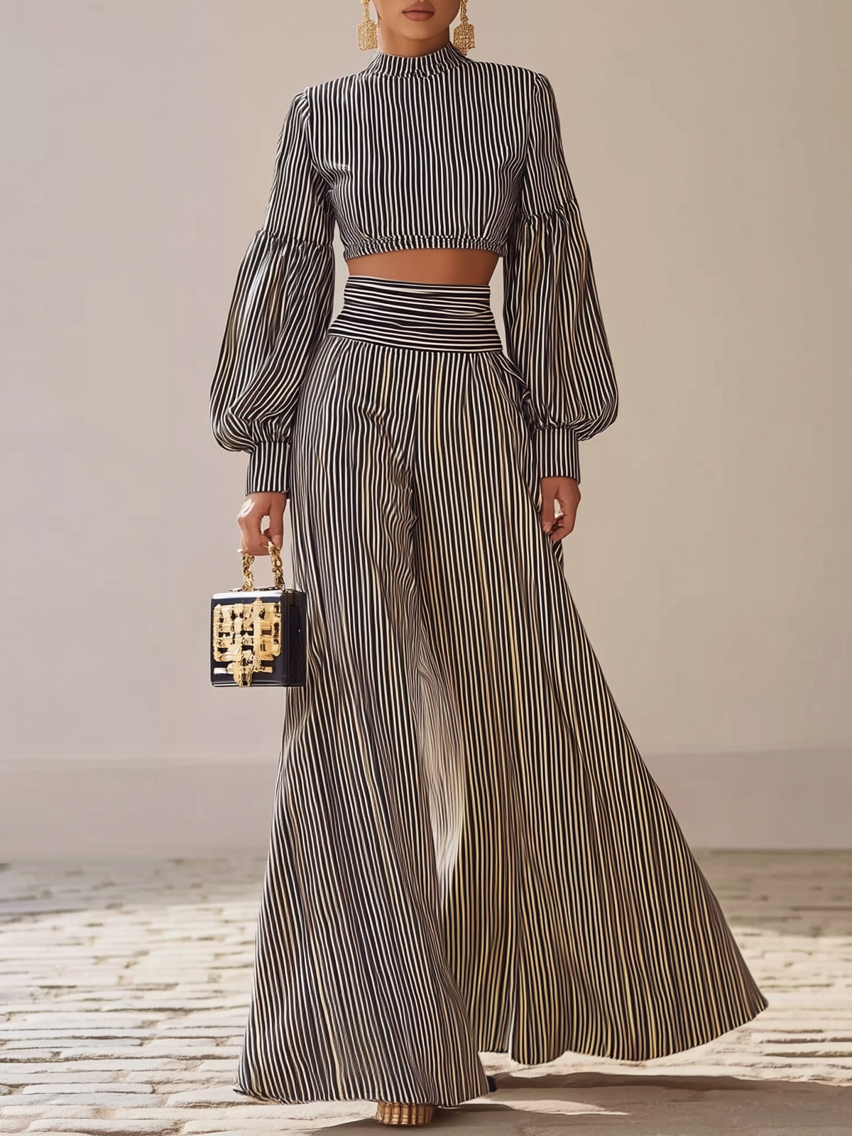 Striped Puff Sleeve Wide-leg Pants Set