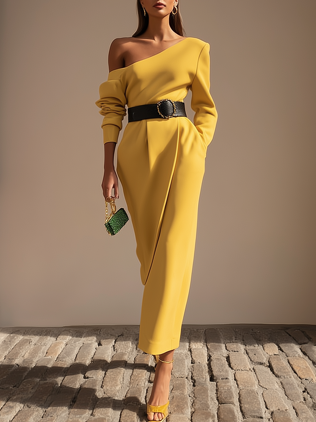 Yellow Asymmetric Shoulder Maxi Dress
