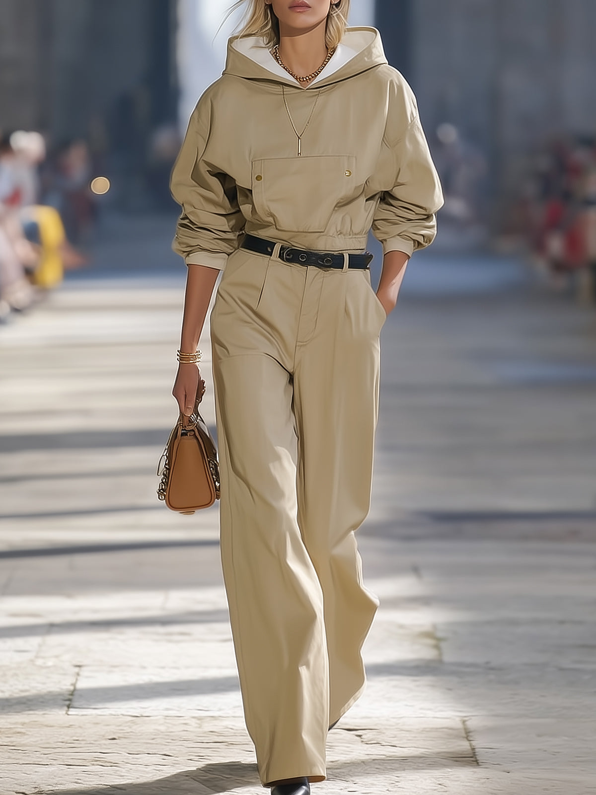 Light Khaki Hoodie And Long Pants Set