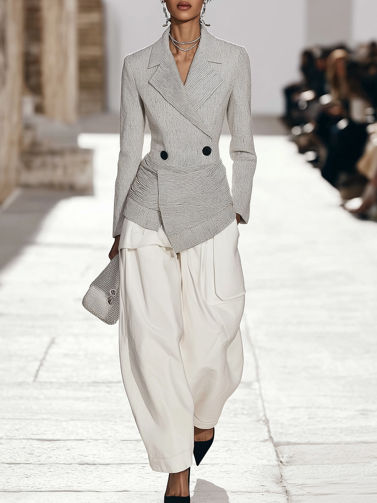 Grey Statement Blazer And White Curved Trousers Set