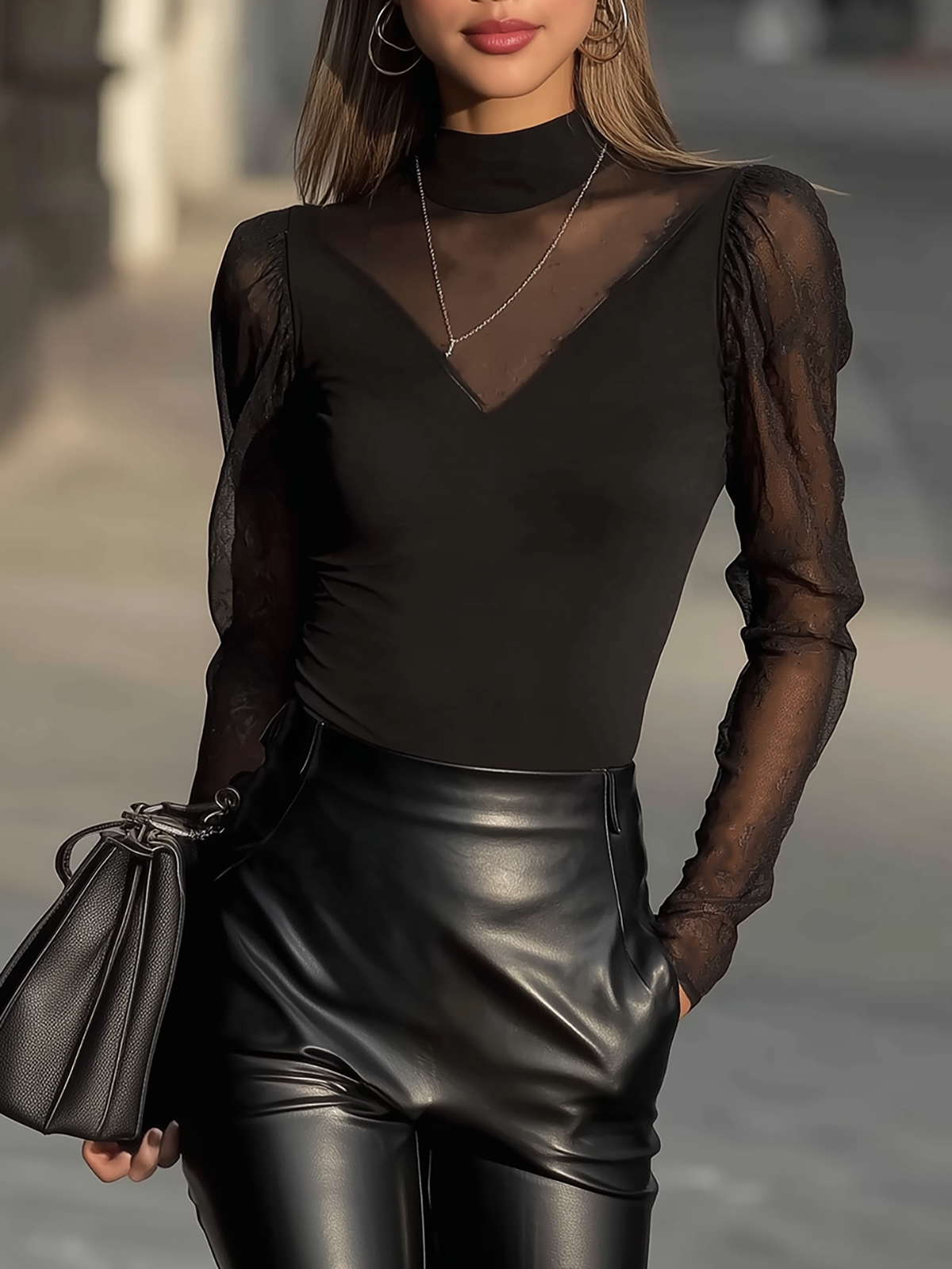 High Neck Sheer Sleeve Fitted Top