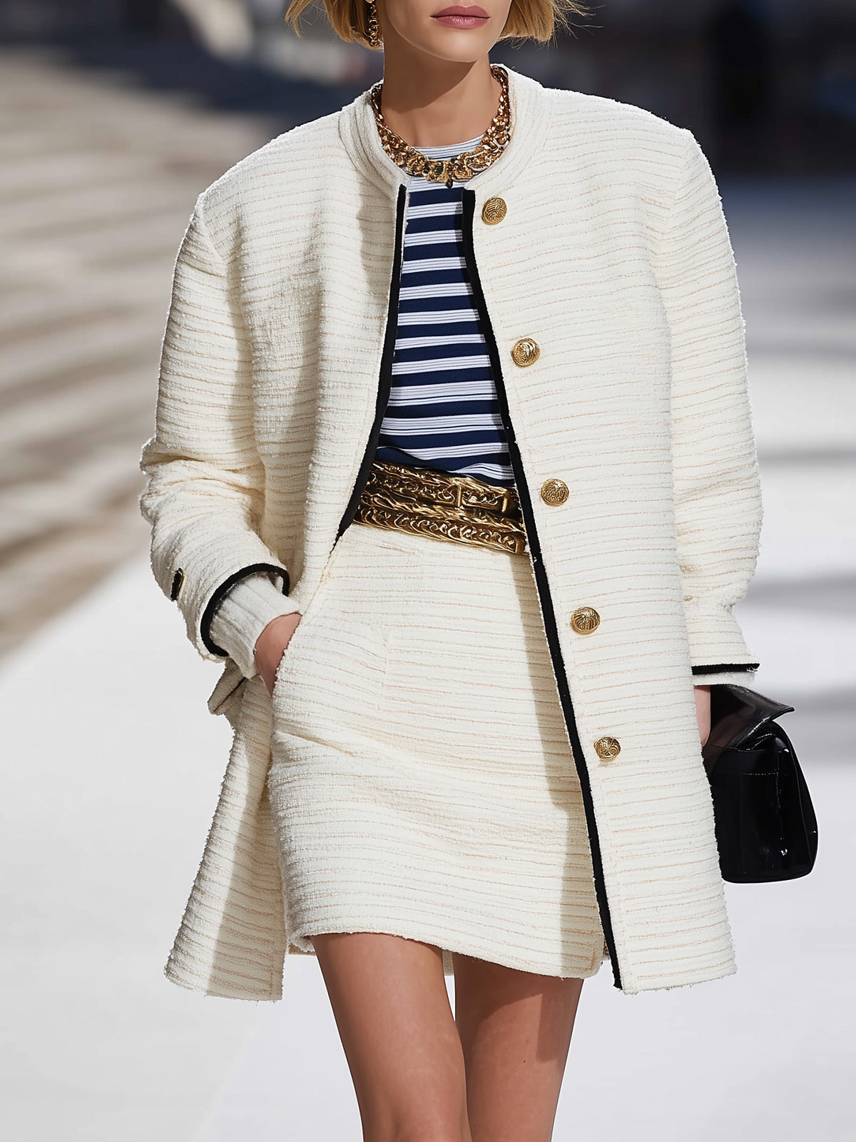 Cream Tweed Jacket And Mini Skirt Set